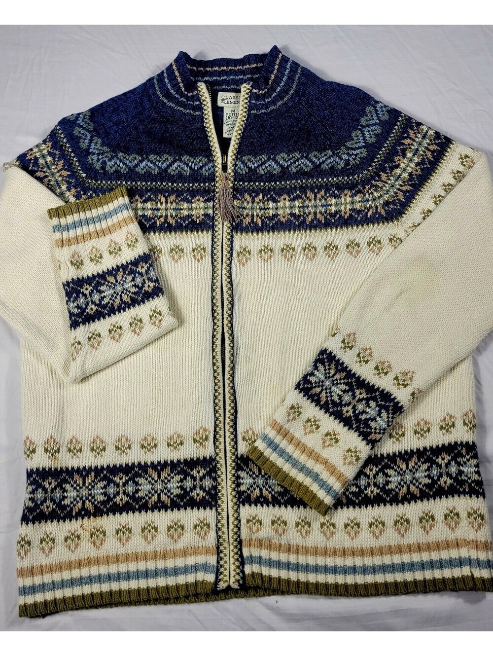 Vintage Classic Elements Fair Isle Zip Cardigan Sweater, Womens M Petite